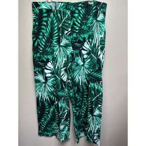 d&co Beach Palm Leaf Print Wide Leg Casual Pants Women XL Green Black White
